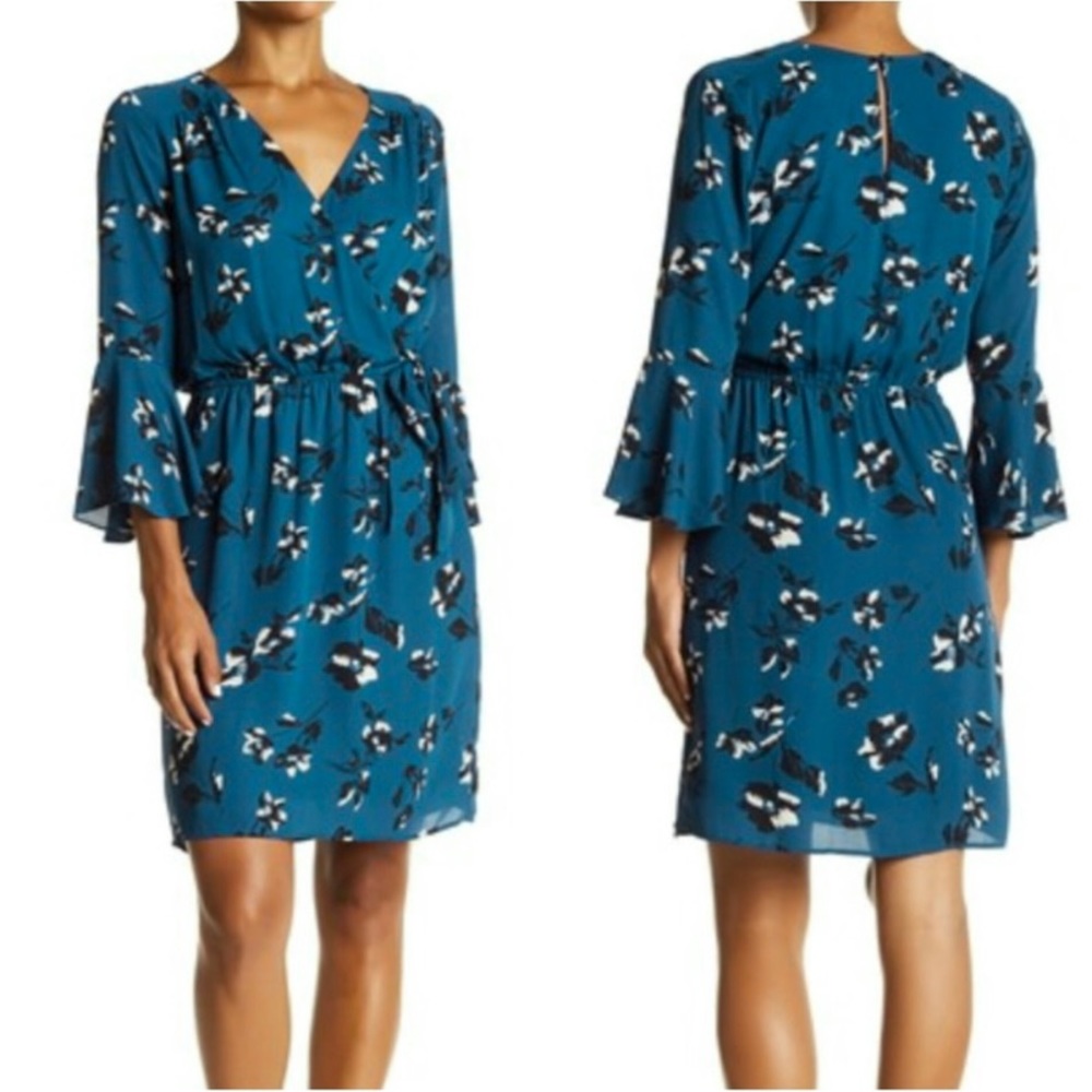 Floral faux wrap dress with bell sleeves Size L